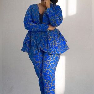 brand new blue custom made African print two piece suit